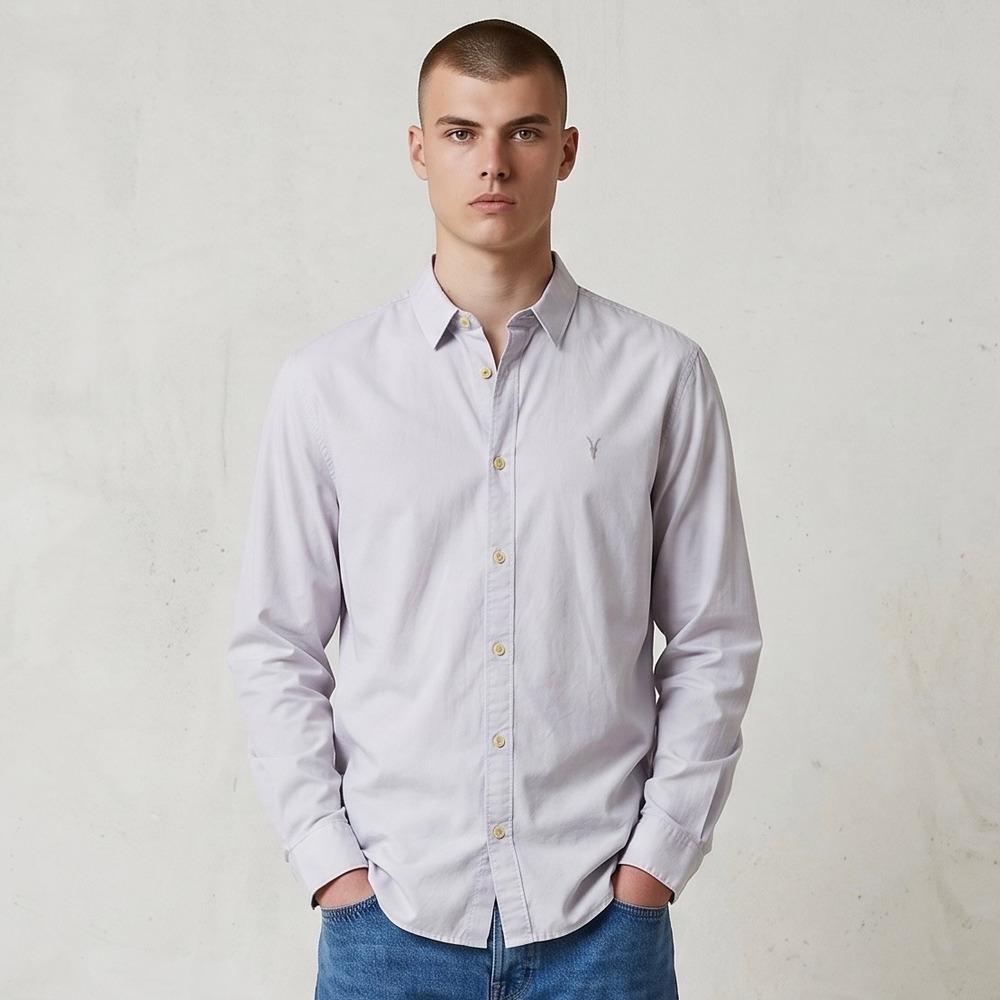 AllSaints Riviera LS Shirt Mens Large Grey New Cotton Button Down MS139K